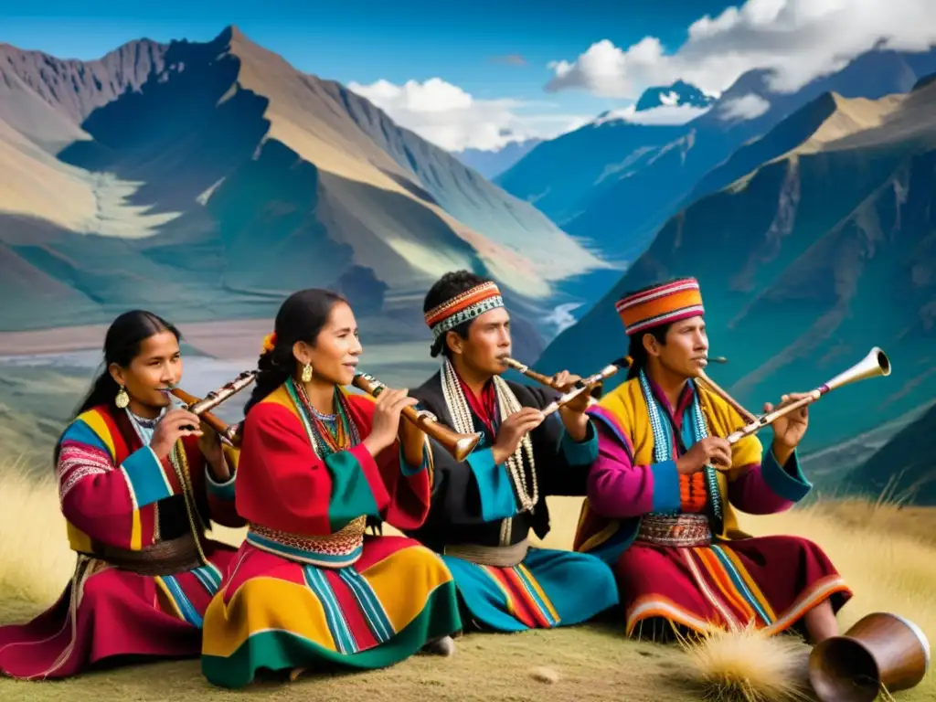 Imagen de músicos andinos tocando flautas de Pan contra un impresionante paisaje de montaña