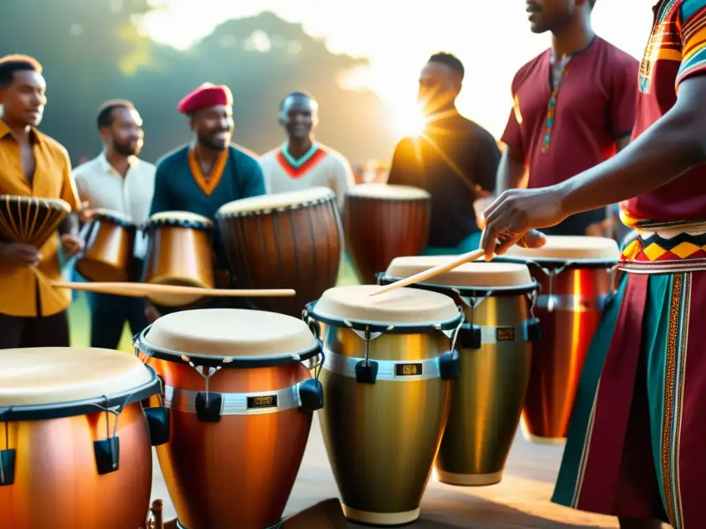 Imagen en alta definición de músicos tocando tambores y otros instrumentos tradicionales al aire libre, creando música auténtica para danzas exóticas