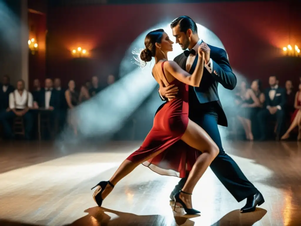 Imagen 8K de pareja apasionada bailando tango argentino en salón tradicional, mostrando la conexión intensa y el baile dinámico