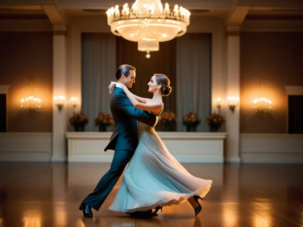 Imagen de pareja bailando el foxtrot con elegancia en un salón iluminado, exudando alegría y concentración