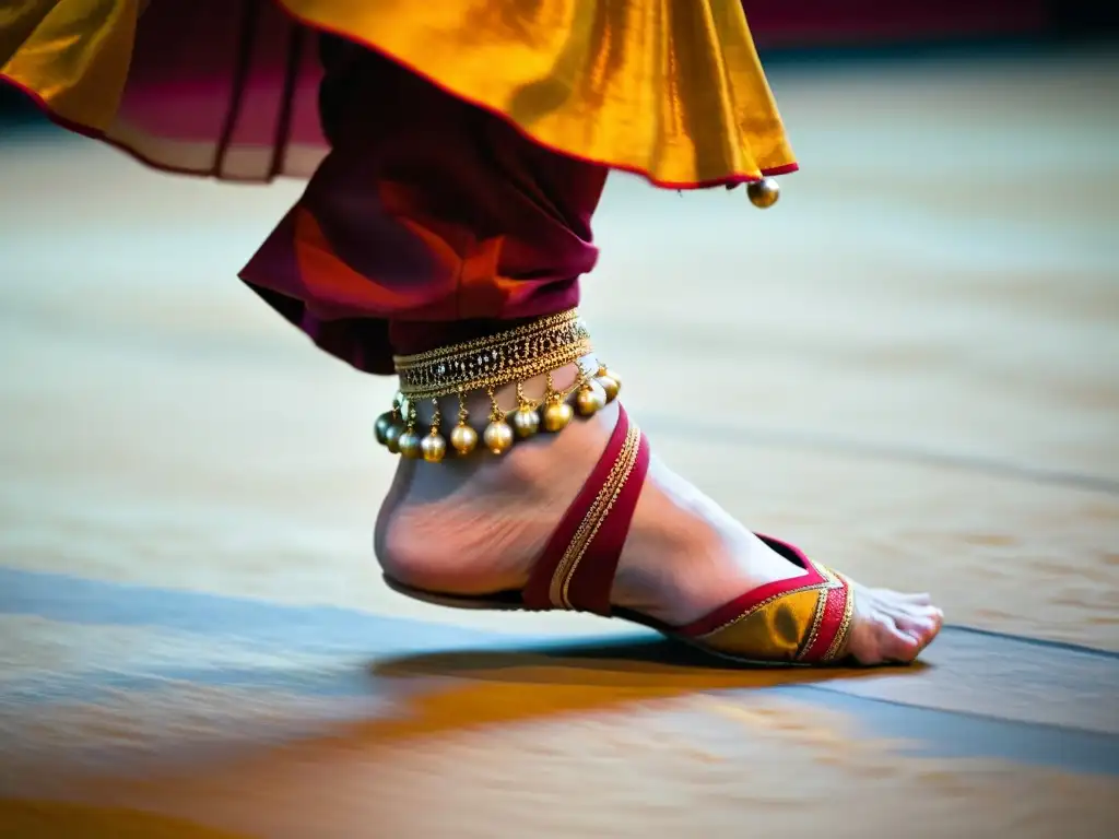 Imagen de pies de bailarina Kathak con cascabeles, danza clásica India en escenario terracota, expresión y elegancia