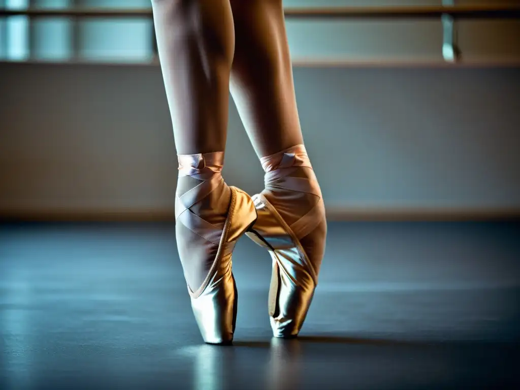 Imagen de alta resolución de los pies de una bailarina en puntas, mostrando el entrenamiento duro de bailarines tradicionales y la pasión por la danza