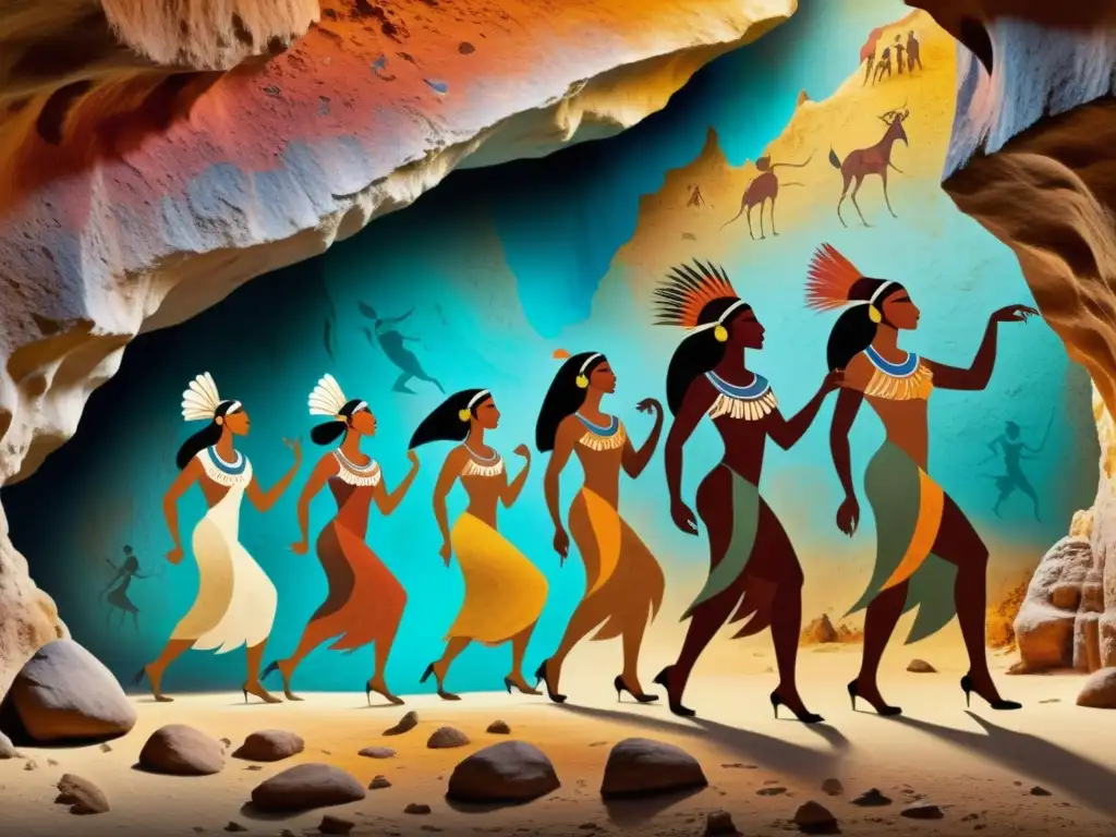 Imagen de pintura rupestre con danzantes antiguos en trajes elaborados, ilustrando la historia de la evolución de la danza