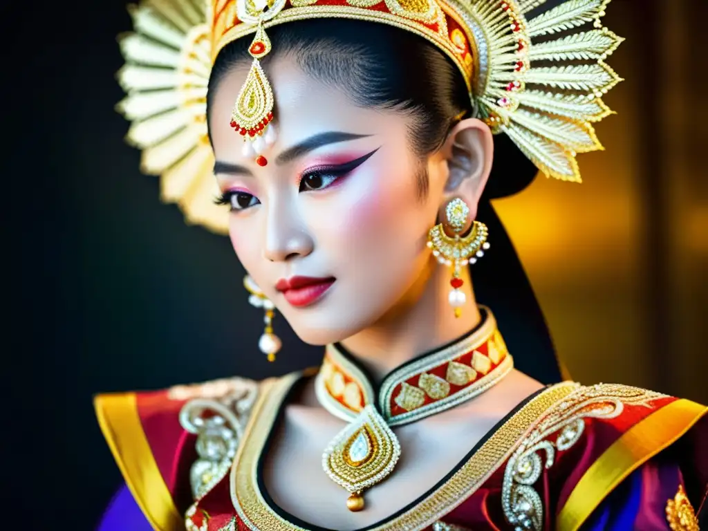 Una imagen de alta resolución de un bailarín tradicional tailandés con un traje colorido, detalles dorados y bordados