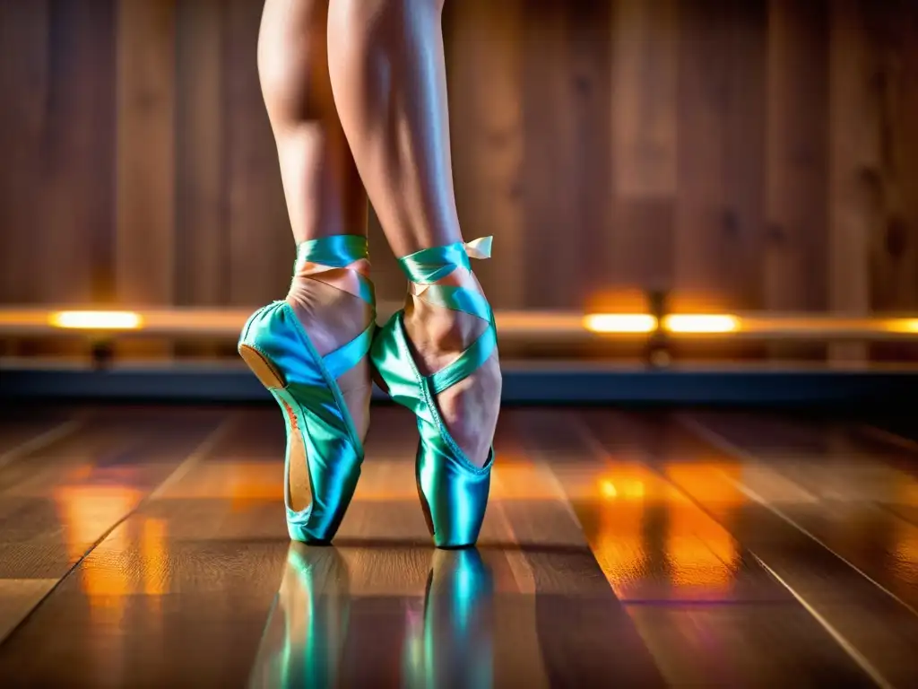 Una imagen de alta resolución muestra los delicados y coloridos zapatos de ballet de una bailarina realizando una pirueta en el escenario