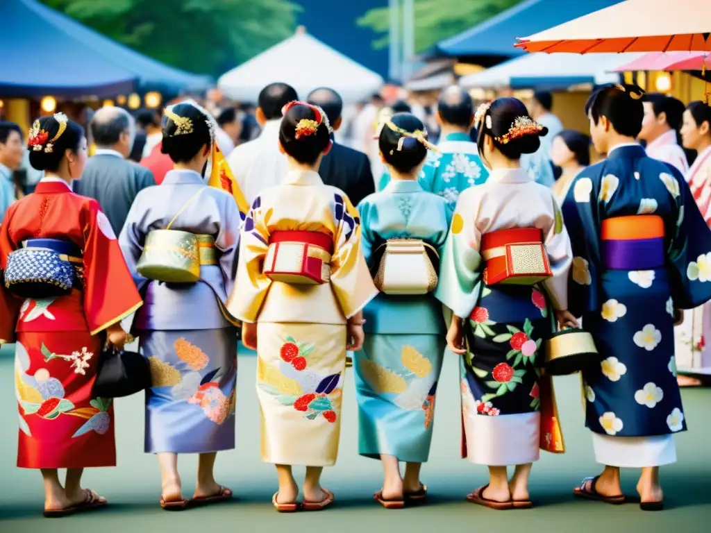 Imagen de alta resolución del significado cultural del Bon Odori, capturando la vibrante indumentaria y accesorios tradicionales en el festival