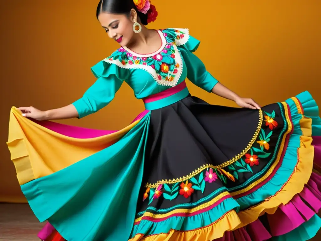 Imagen de alta resolución de un traje de danza folclórica mexicana, con bordados intrincados y colores vibrantes