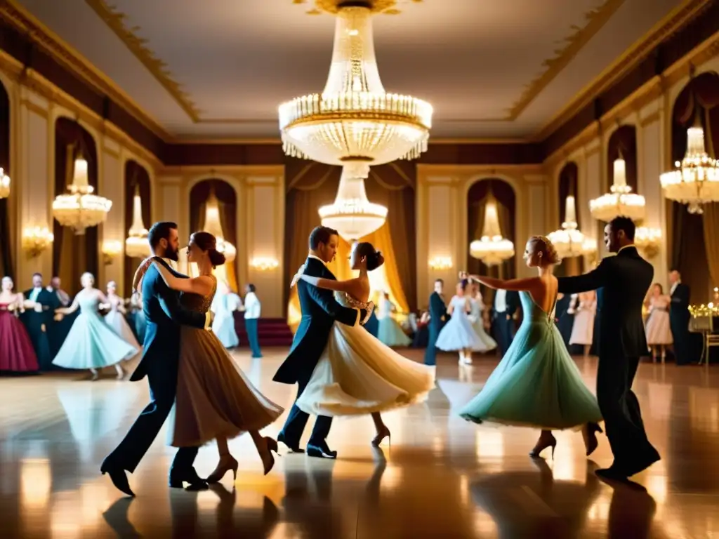 Imagen de una sala de baile con elegantes bailarines danzando al compás de un vals vienés, envueltos en una atmósfera de elegancia y sofisticación