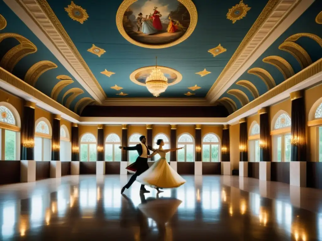 Imagen de una sala de baile renacentista con bailarines ejecutando la pavana, destacando la elegancia y solemnidad de esta danza tradicional