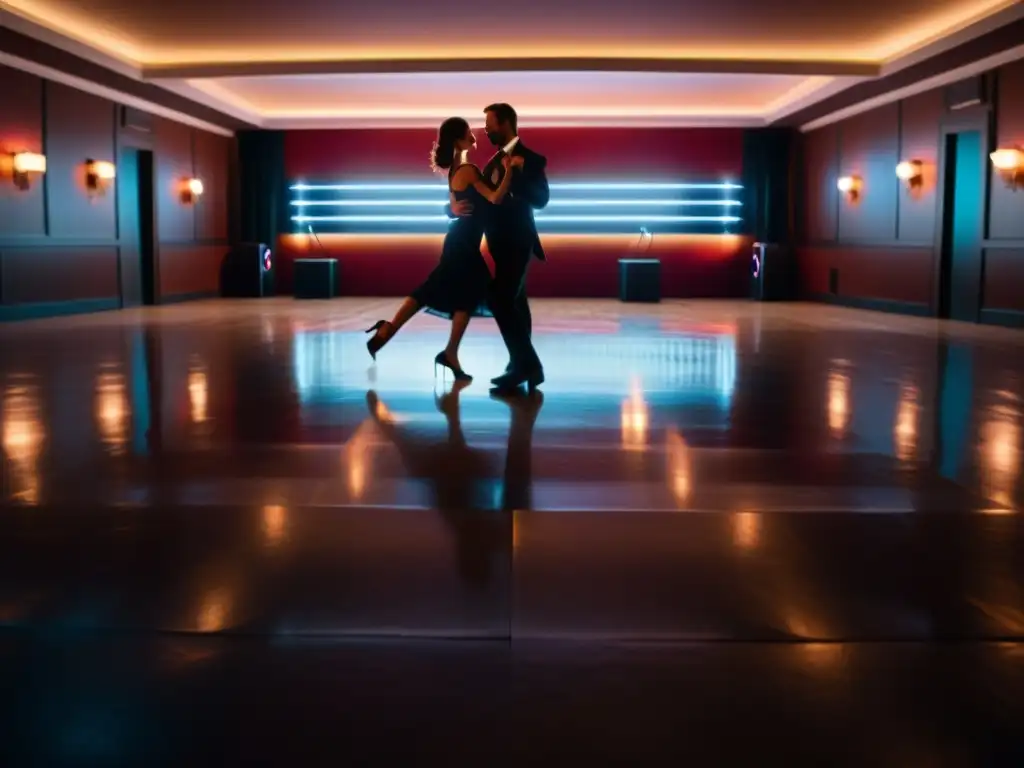 Imagen 8k de una sala de baile fusionando tango clásico y música electrónica