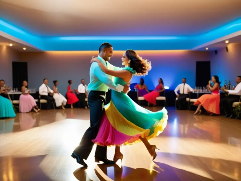 Imagen de salón de baile latinoamericano tradicional con parejas elegantes en vibrante vestimenta, moviéndose con gracia y pasión