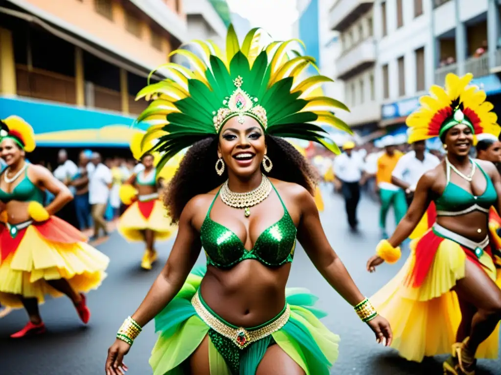 La imagen muestra el significado cultural del Carnaval de Río, con vibrantes colores, samba y una atmósfera llena de energía