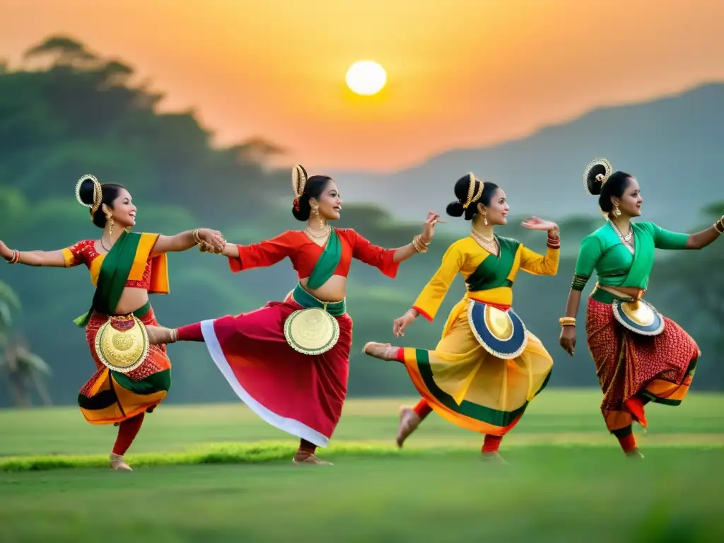 Danza Sattriya: Expresiones Divinas en Vestimenta Tradicional Imagen de significado cultural danza Sattriya Assam: bailarines en trajes tradicionales, movimientos gráciles y paisaje sereno al atardecer