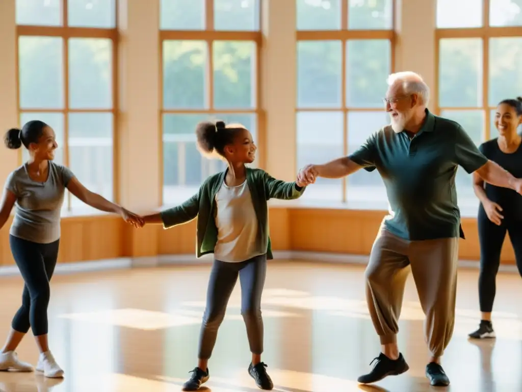 Imagen de taller de danza unión familiar: Generaciones bailando juntas, expresando alegría y conexión en un estudio soleado y espacioso