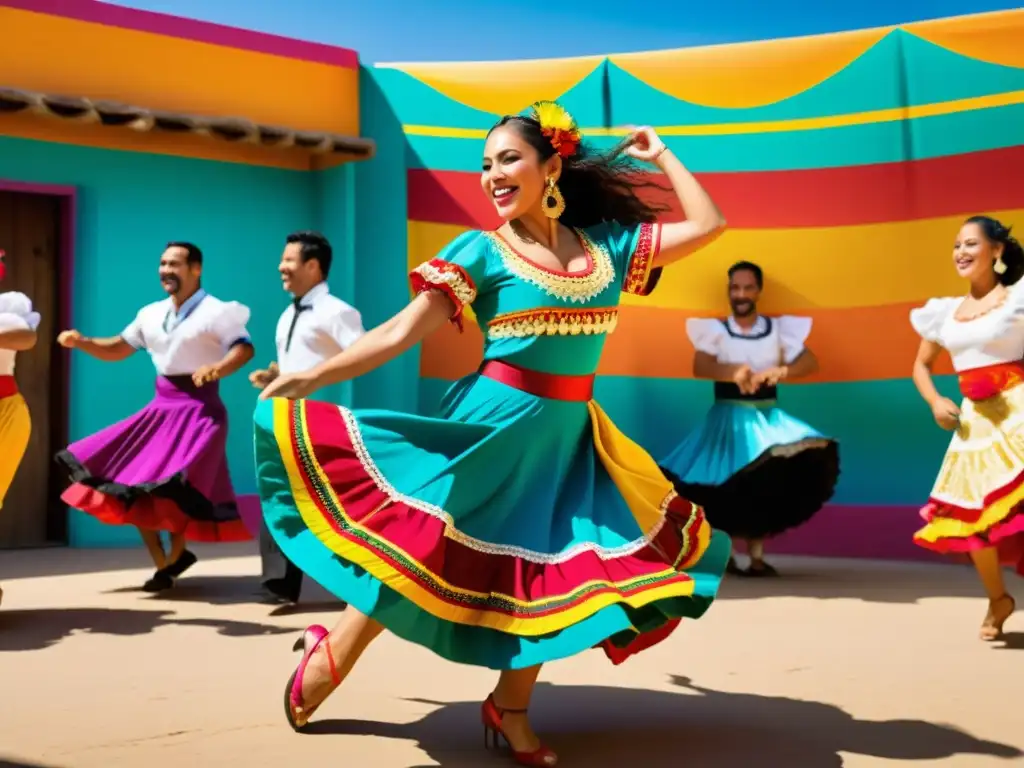 Imagen vibrante de una animada presentación de cumbia en un entorno colorido, con músicos y bailarines en trajes elaborados