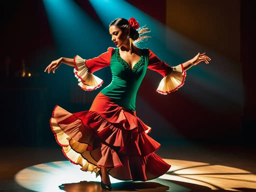 Una imagen vibrante de una apasionada bailarina de flamenco actuando en un escenario tenue en Andalucía