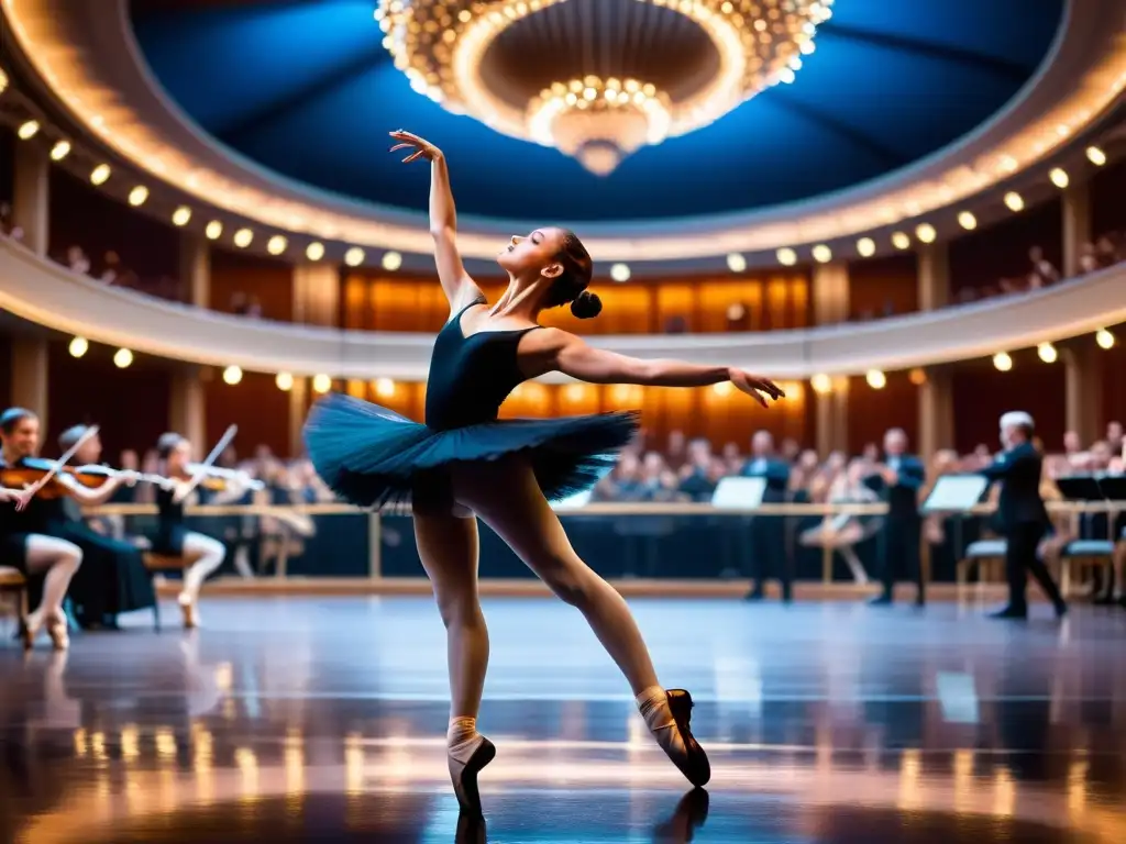 Imagen vibrante de una bailarina de ballet en plena actuación, acompañada de una orquesta sinfónica en vivo