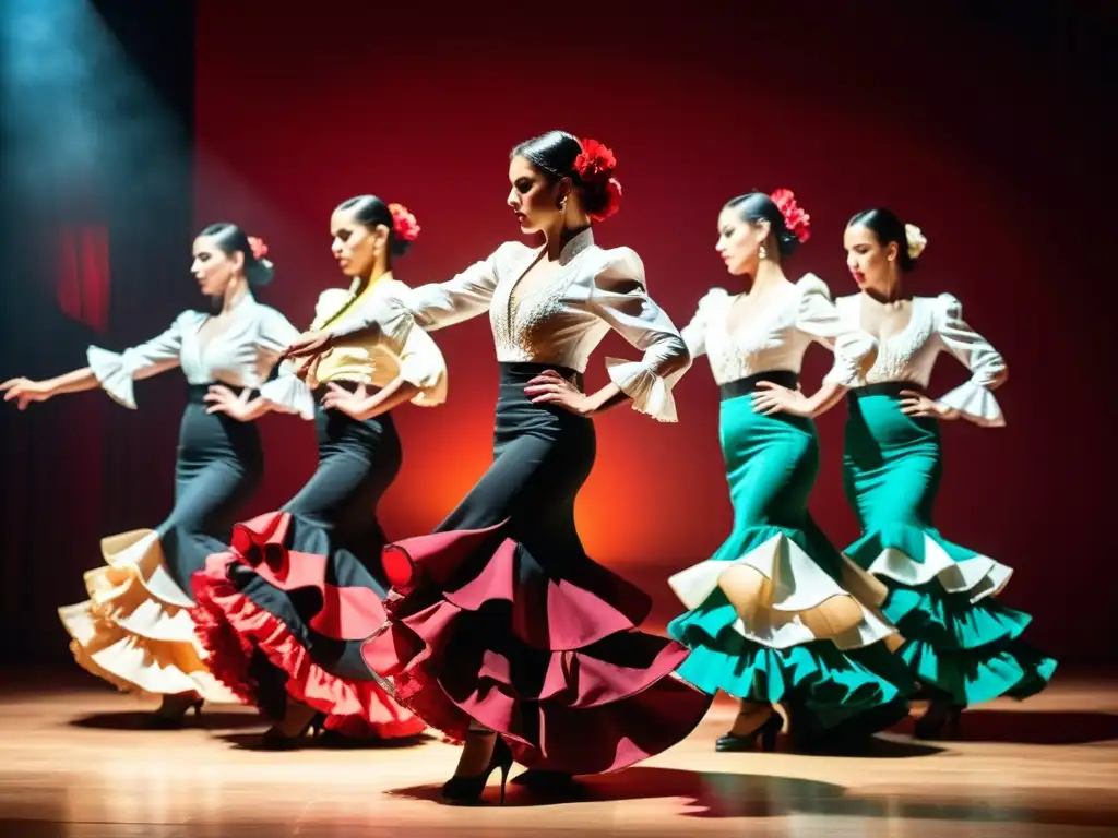 Apasionante baile de flamenco en escenario rojo Una imagen vibrante de bailarines de flamenco en un escenario, transmitiendo pasión y emoción