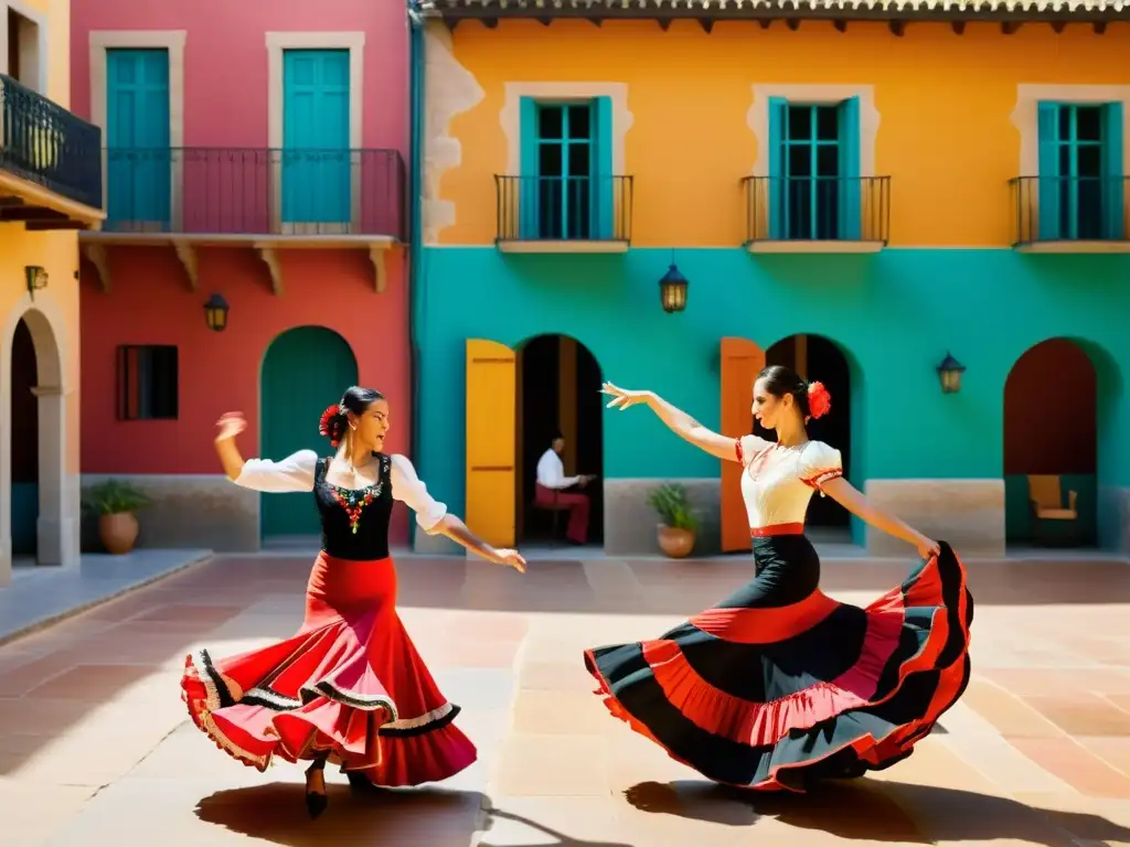 Imagen vibrante de bailarines de flamenco practicando el Garrotín en un patio español, capturando la pasión y energía de la danza