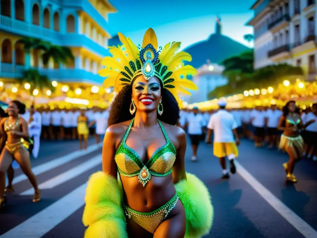 Imagen vibrante del Carnaval de Río, con trajes coloridos, samba y danzas, mostrando su significado cultural