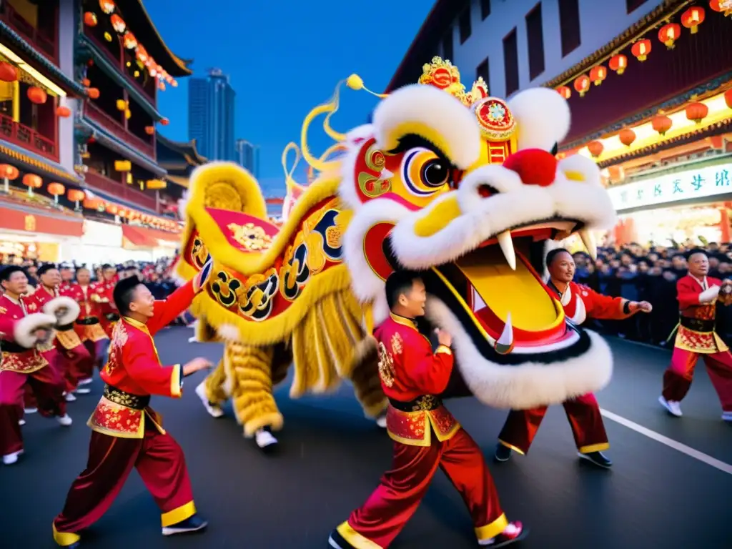 La imagen muestra la vibrante Danza del León chino durante las celebraciones de Año Nuevo, con trajes detallados y una energía cultural significativa