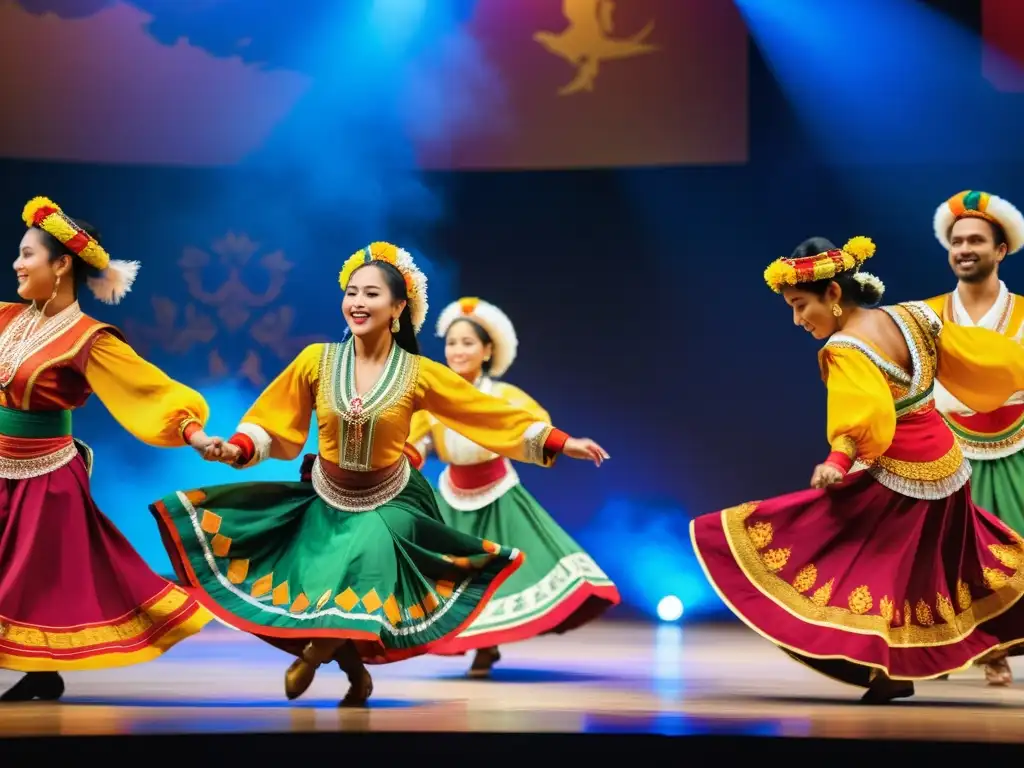 Imagen vibrante de danza tradicional en un festival global, con trajes coloridos y movimientos dinámicos