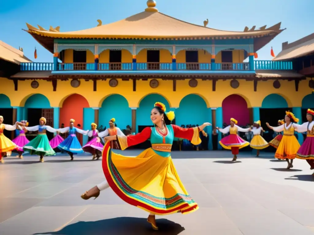 Imagen de una vibrante presentación de danza tradicional en una plaza, con coloridos trajes y música en vivo