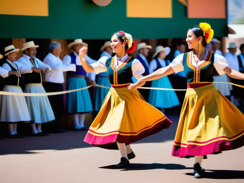 Imagen vibrante de danzas tradicionales del Festival de Mendoza, con coloridos trajes, gracia y energía festiva