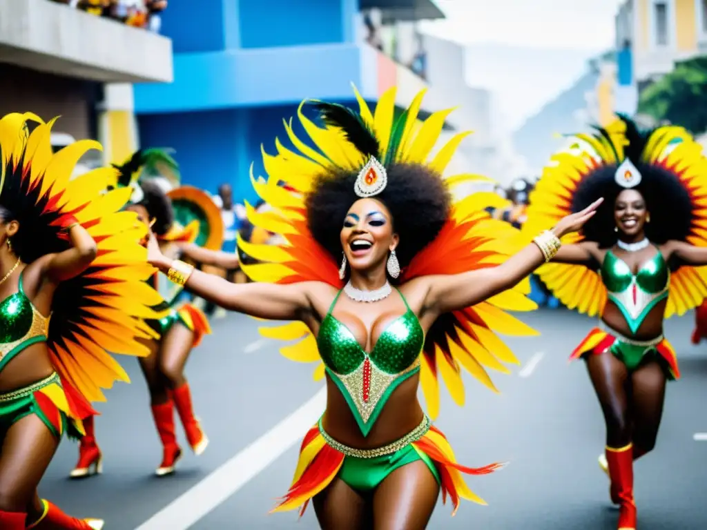 Samba vibrante en el Carnaval de Río: danza y color Imagen de un vibrante desfile de samba en Río de Janeiro, con movimientos intrincados, trajes coloridos y ritmo de tambores