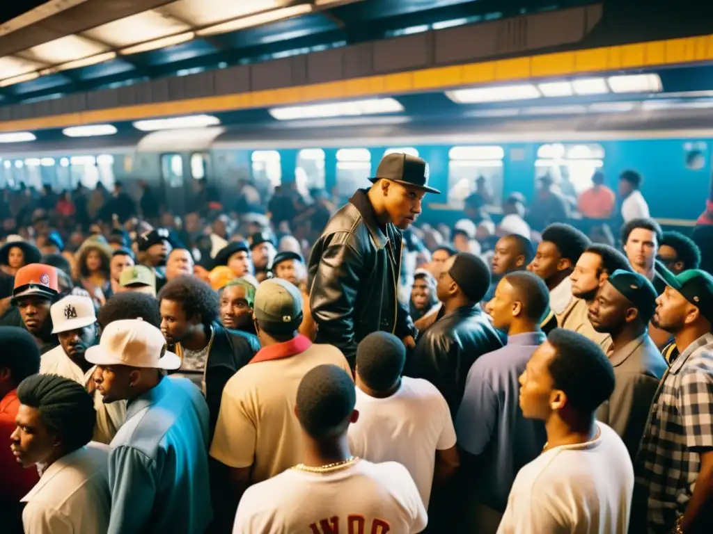 Imagen vibrante que captura la energía de un concierto histórico de Hip Hop en el Bronx durante los 80