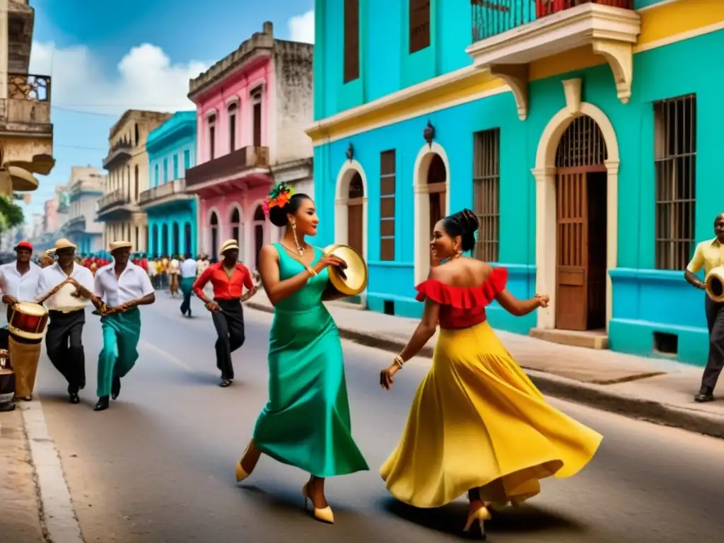 Imagen de la vibrante escena callejera cubana, con edificios coloniales coloridos y gente bailando al ritmo del son cubano