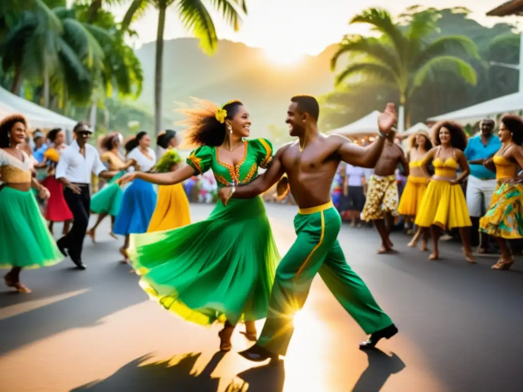 Baile de Lambada: Energía y Color en las Calles de Brasil Imagen de la vibrante escena callejera en Brasil, con personas bailando la Lambada en ropa tradicional colorida