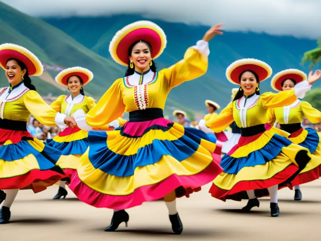 Imagen vibrante del Festival del Porro en San Pelayo: coloridos trajes y baile tradicional colombiano llenos de energía y pasión