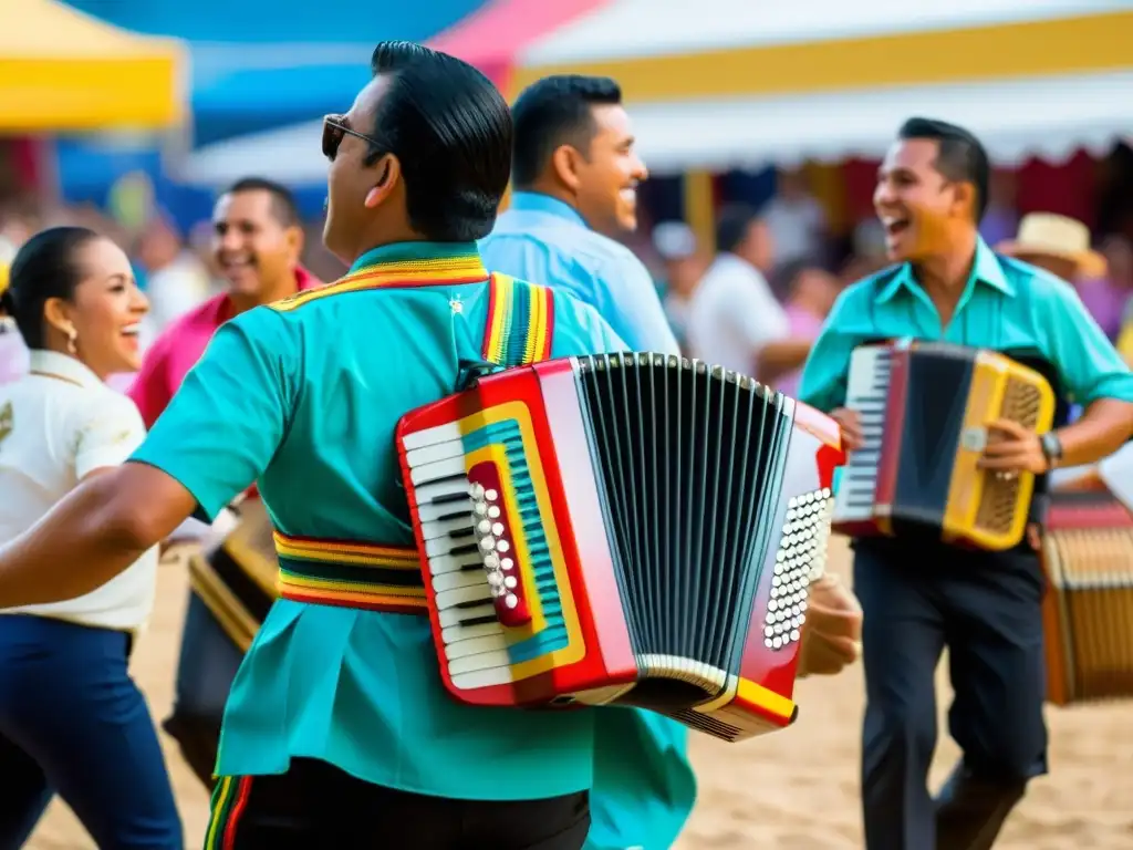 Imagen del vibrante Festival Vallenato en Valledupar, con músicos, multitud y colorida atmósfera festiva