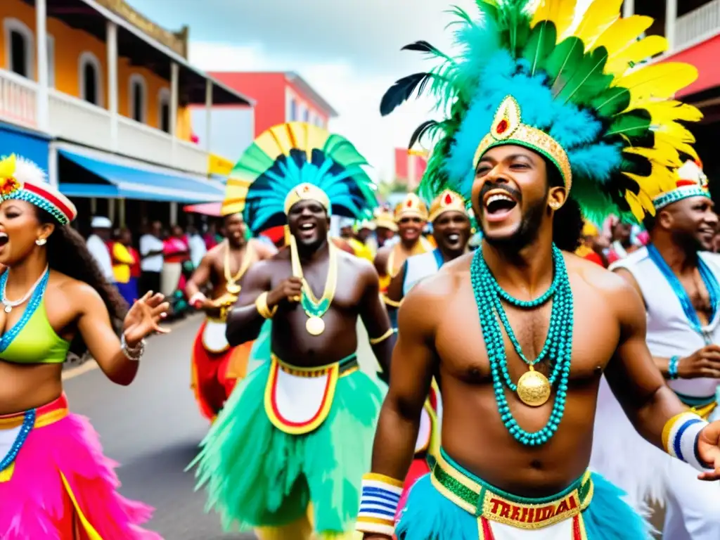 Imagen vibrante de un grupo de calypso trinitario en el bullicioso carnaval, con influencia africana en el Calypso de Trinidad