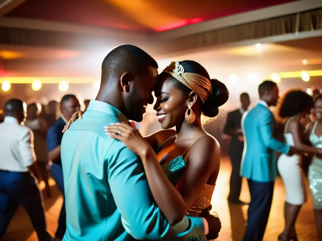 Una imagen vibrante de una pista de baile llena en Angola, con parejas moviéndose con gracia al ritmo sensual de la Kizomba