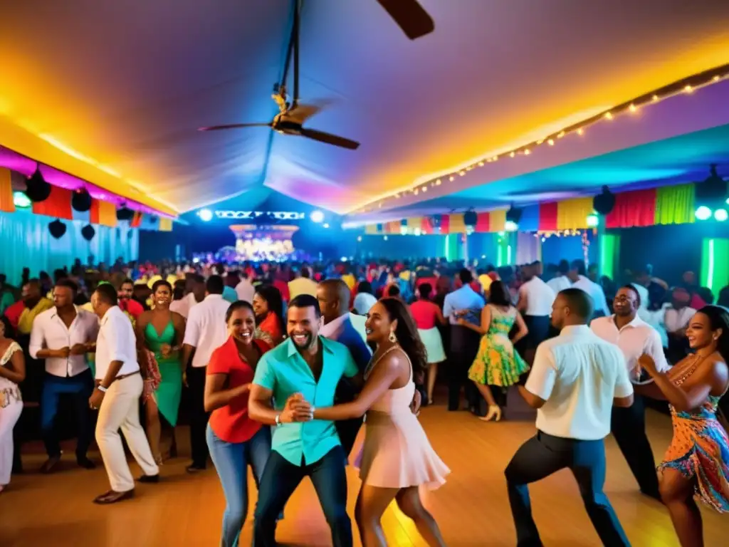 Una imagen vibrante de una sala de baile en la República Dominicana, con decoración colorida y una banda en vivo tocando bachata