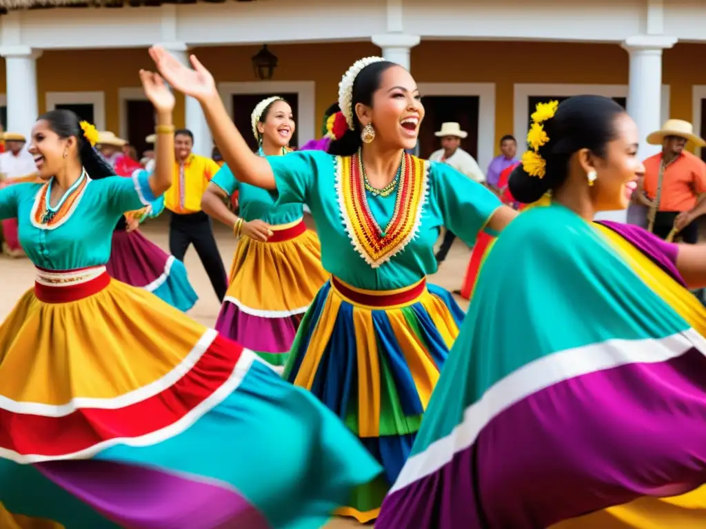 Imagen vibrante de una tradicional danza de cumbia, con coloridos atuendos y músicos tocando instrumentos tradicionales