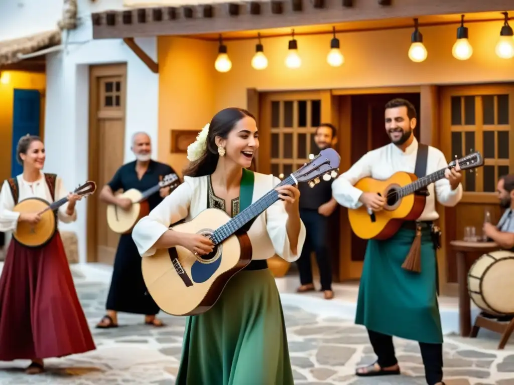 Imagen vívida de músicos tocando instrumentos rebetiko mientras una bailarina en traje griego tradicional realiza una danza animada
