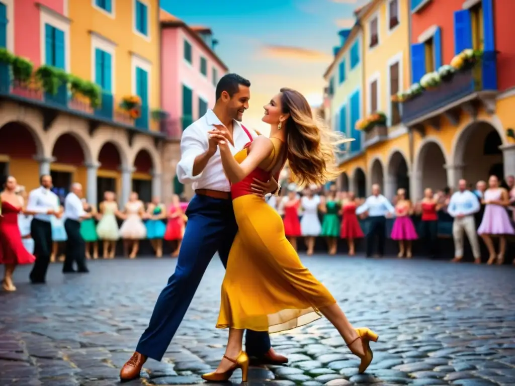 Una impactante actuación de baile de salsa en una plaza histórica europea, con una arquitectura colorida de siglos de antigüedad como telón de fondo