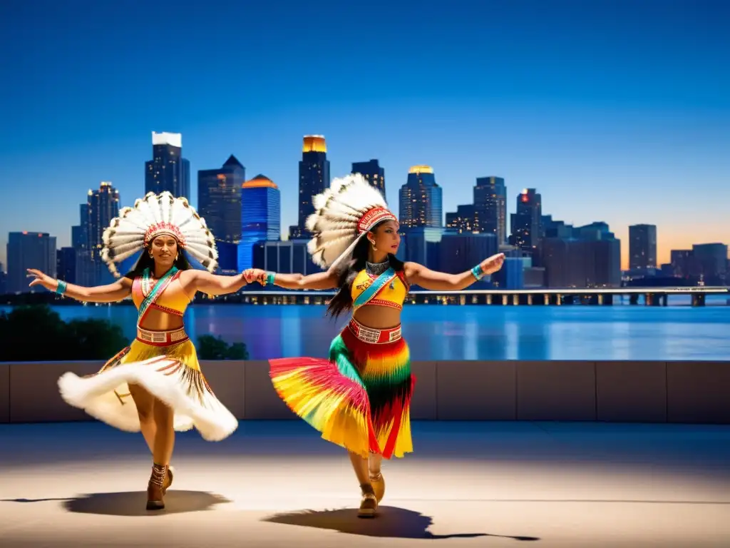 Una impactante actuación de danza tradicional nativa americana en un entorno urbano moderno, fusionando la influencia de las danzas nativas americanas con la vida contemporánea entre rascacielos y luces de la ciudad