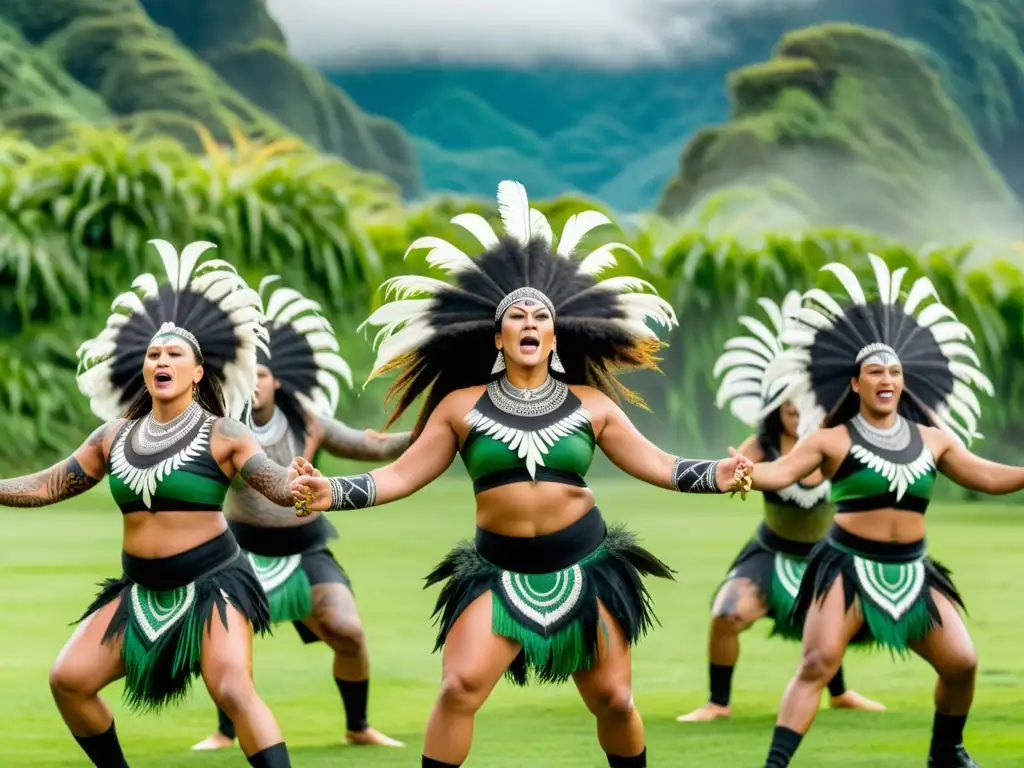 Una impactante actuación de haka maorí con trajes vibrantes y movimientos sincronizados