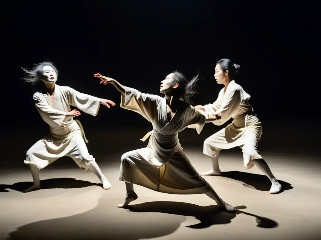 Impactante danza Butoh japonesa, expresiones crudas y movimientos emotivos en escenario tenue