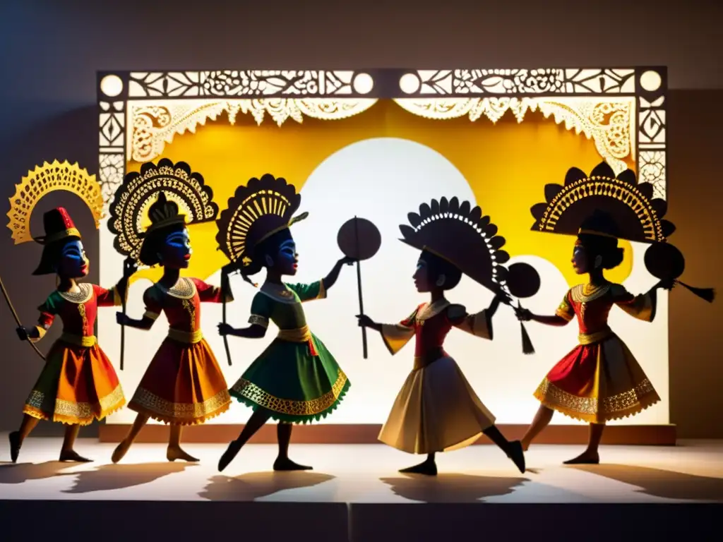 Una impactante representación de danza de sombras indonesia, con coloridos trajes y fascinantes marionetas de cuero