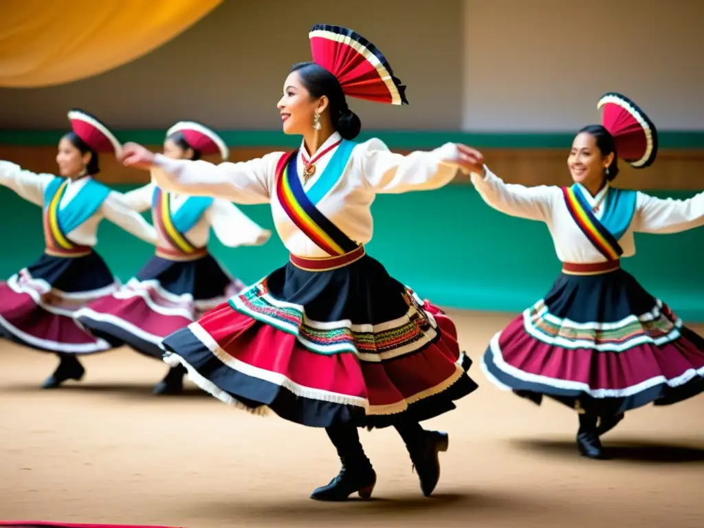 Una impactante fotografía de una danza tradicional chilena, la Cueca, capturando el dinamismo y colorido de la actuación