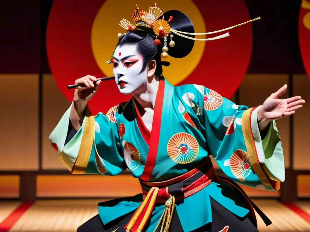 Presentación impactante de la Danza del Kabuki Japón con vestuario vibrante y maquillaje elaborado, en un escenario teatralmente iluminado