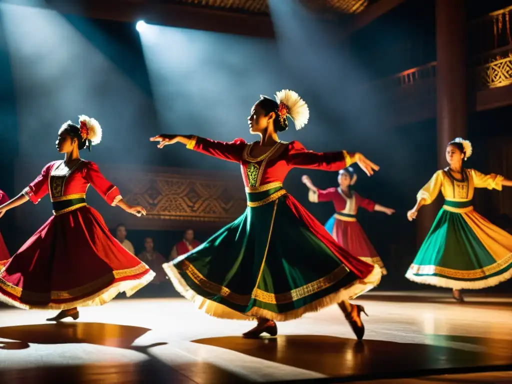 Una impactante representación de danzas tradicionales en un escenario atmosférico, con vestuarios vibrantes y expresiones emocionadas