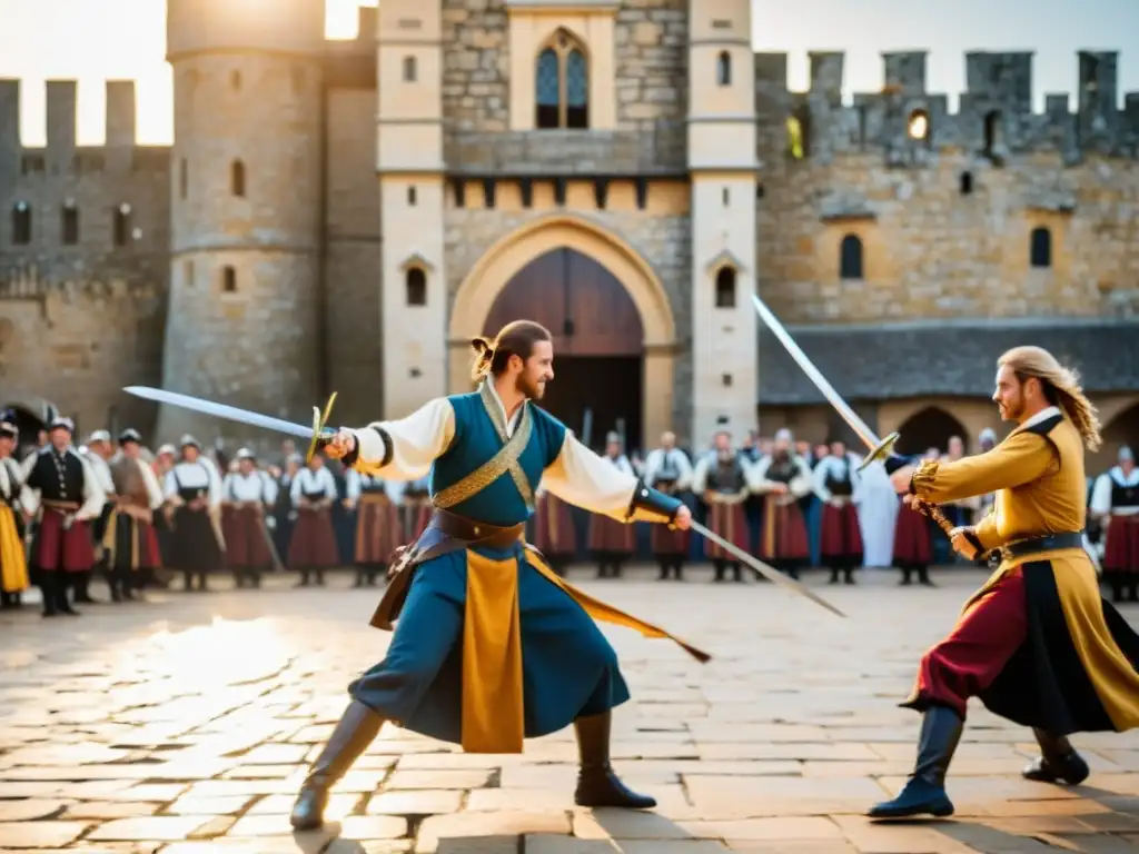 Una impactante recreación histórica de una danza de espadas europea en un entorno medieval, evocando su significado histórico y cultural