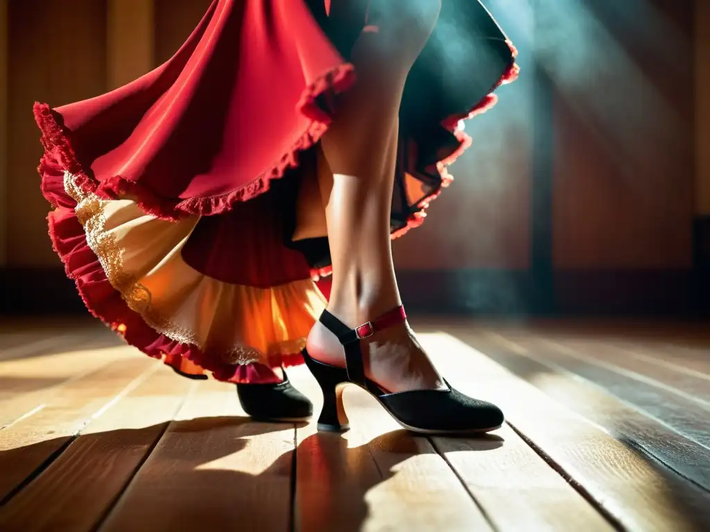 Una impactante imagen de un bailaor de flamenco en pleno zapateado, con la pasión y energía del origen y evolución del Flamenco en Andalucía