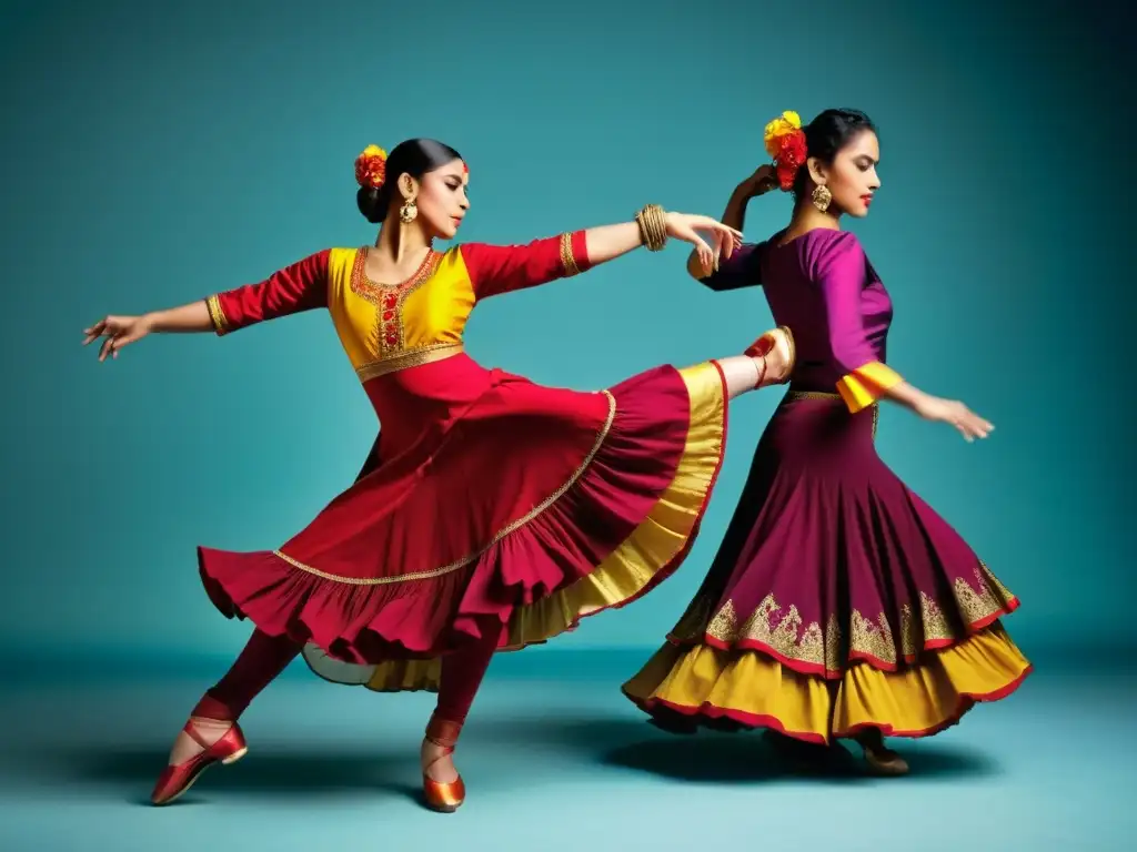 Una impactante imagen de una bailarina de Kathak y una bailarina de Flamenco, unidas en su expresión artística